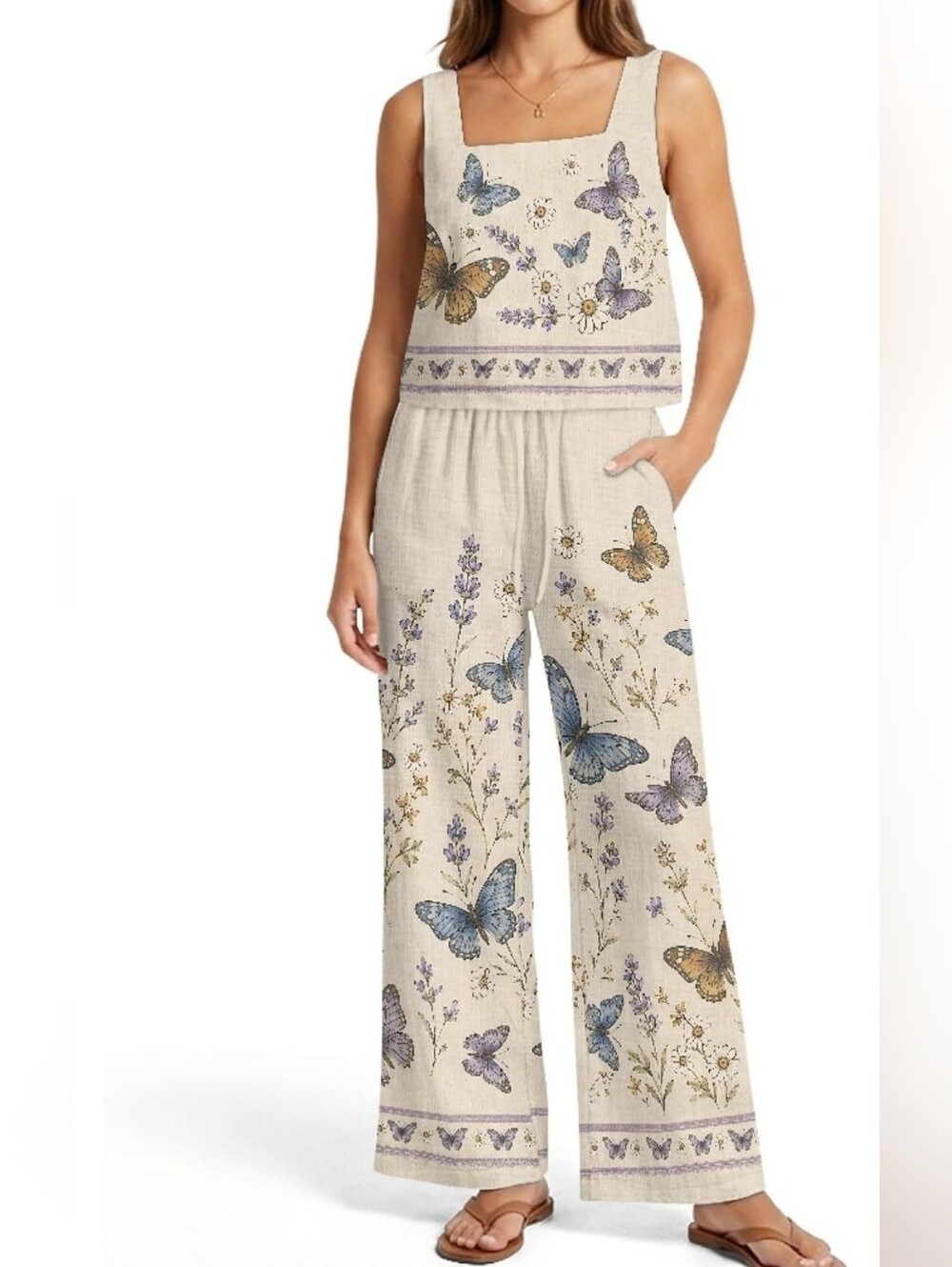 Ecaestolph Butterfly Floral 2 Piece Wide Leg Pants Set Large NWT